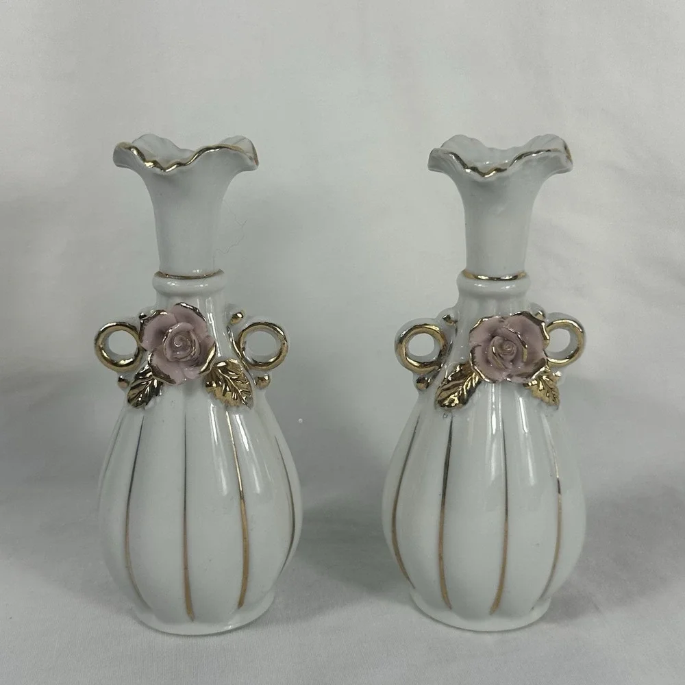 Vintage Pair Miniature Porcelain Bud Vases Pink Applied Roses Gold Trim 5